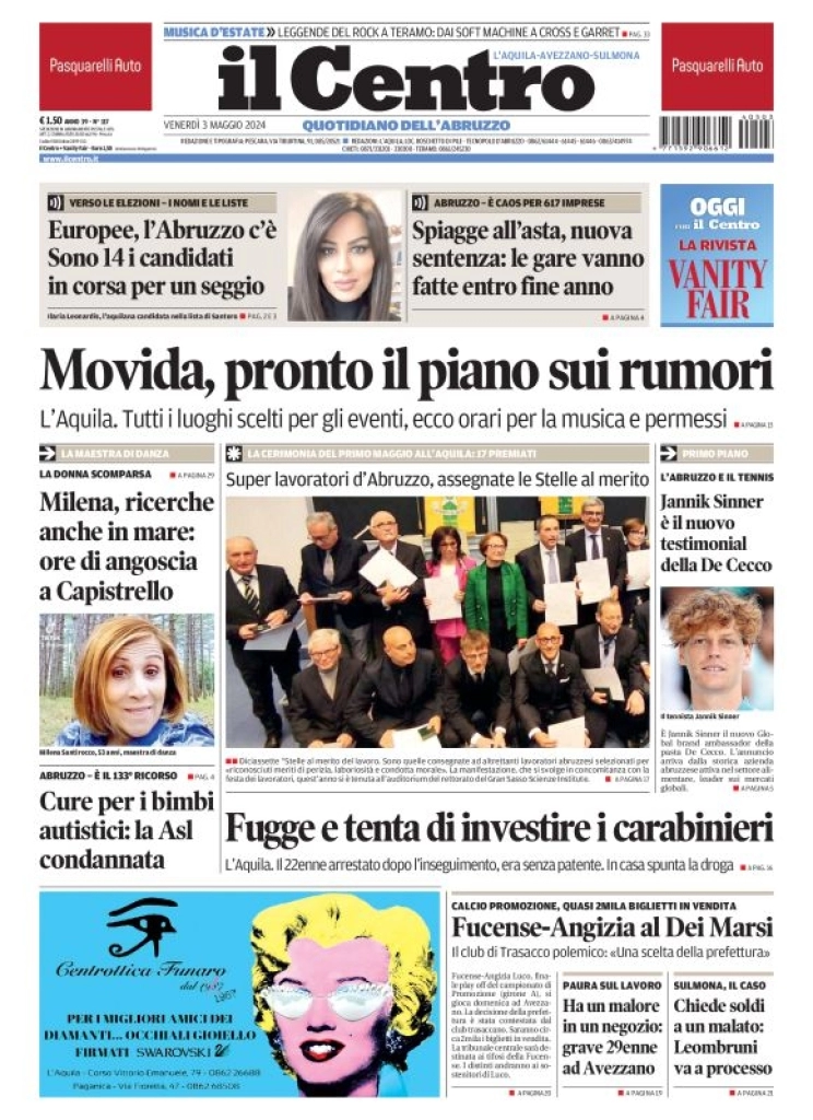prima pagina - Il Centro (L'Aquila) del 03/05/2024