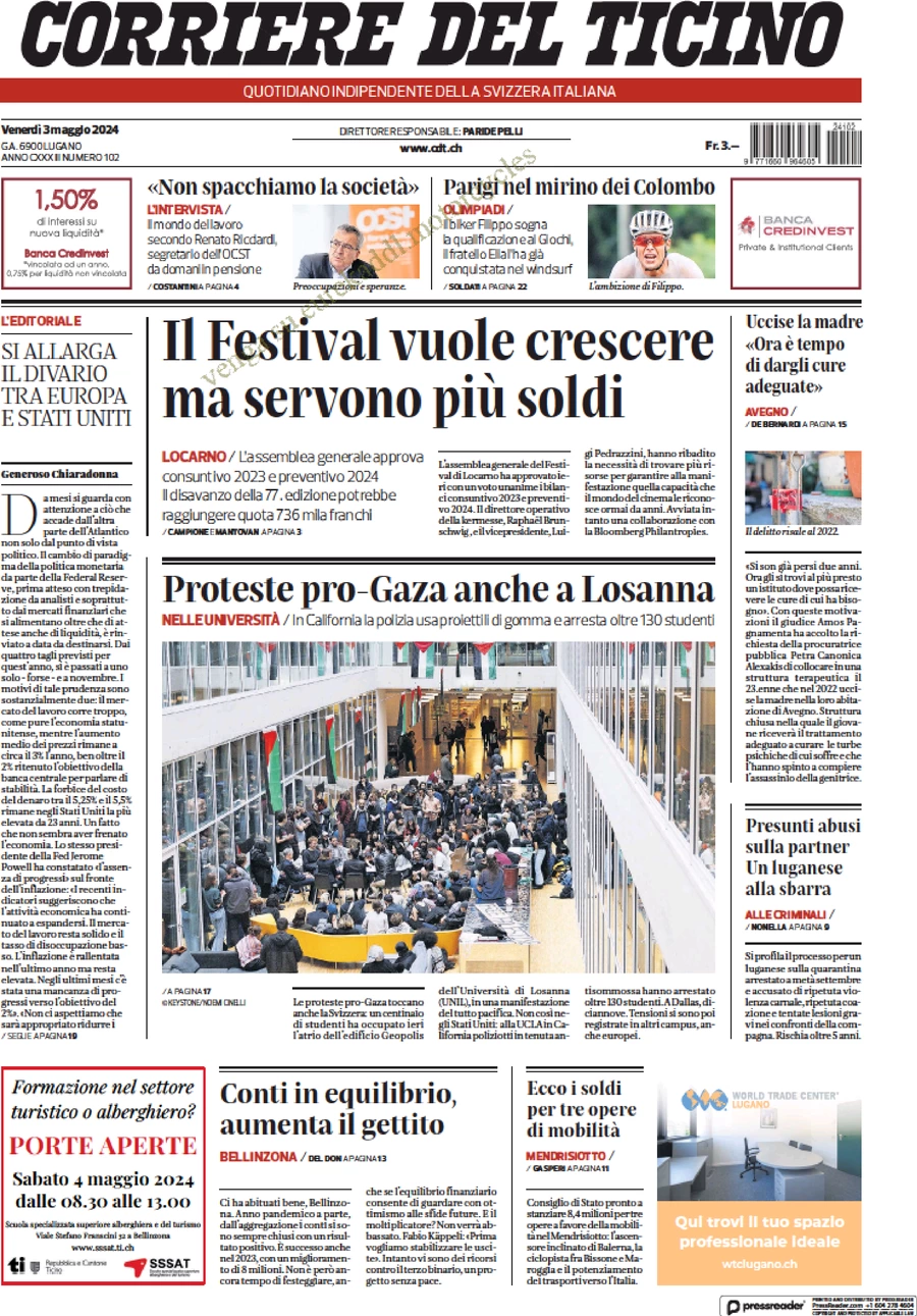 prima pagina - Corriere del Ticino del 03/05/2024