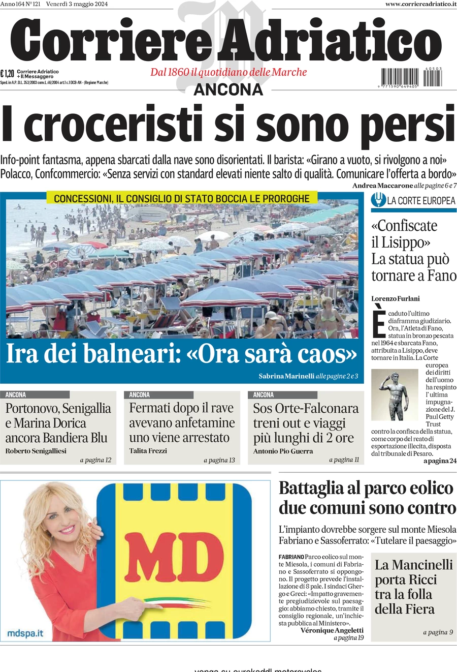 anteprima della prima pagina di corriere-adriatico-ancona del 03/05/2024