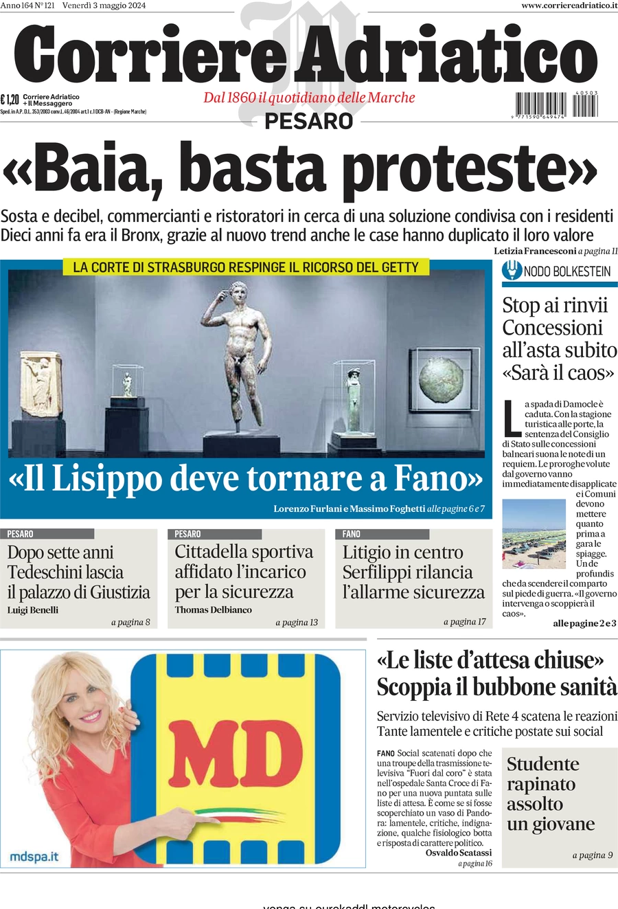 anteprima della prima pagina di corriere-adriatico-pesaro del 03/05/2024