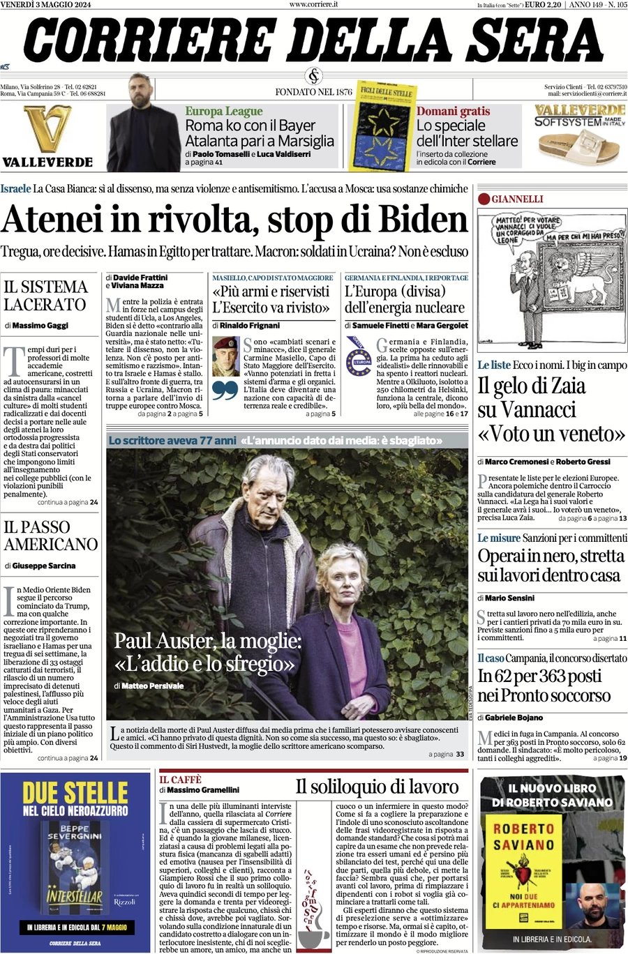 prima pagina - Corriere della Sera del 03/05/2024