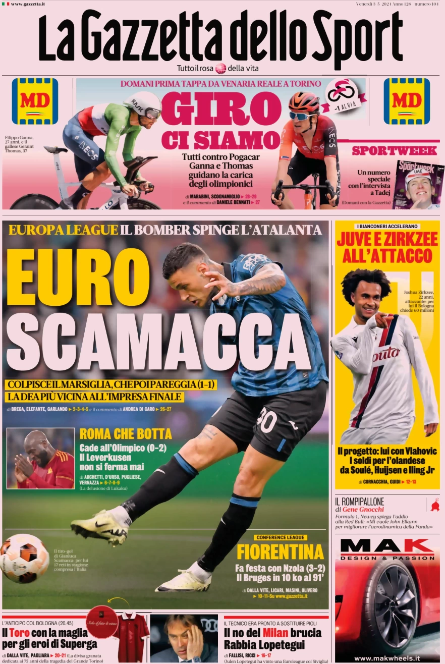 prima pagina - La Gazzetta dello Sport del 03/05/2024