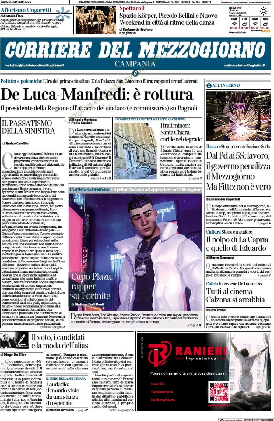 anteprima della prima pagina di corriere-del-mezzogiorno-campania del 04/05/2024