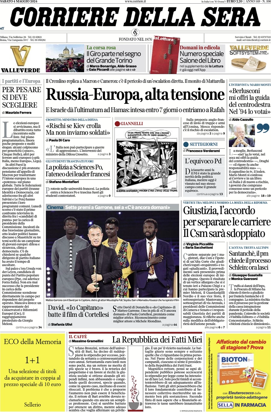 prima pagina - Corriere della Sera del 04/05/2024