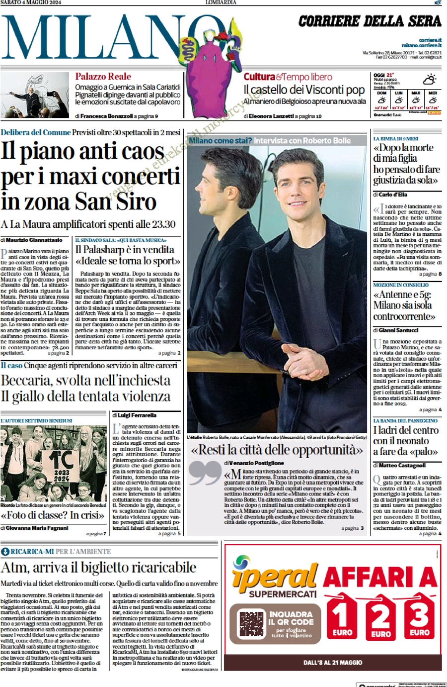 anteprima della prima pagina di corriere-della-sera-milano del 04/05/2024