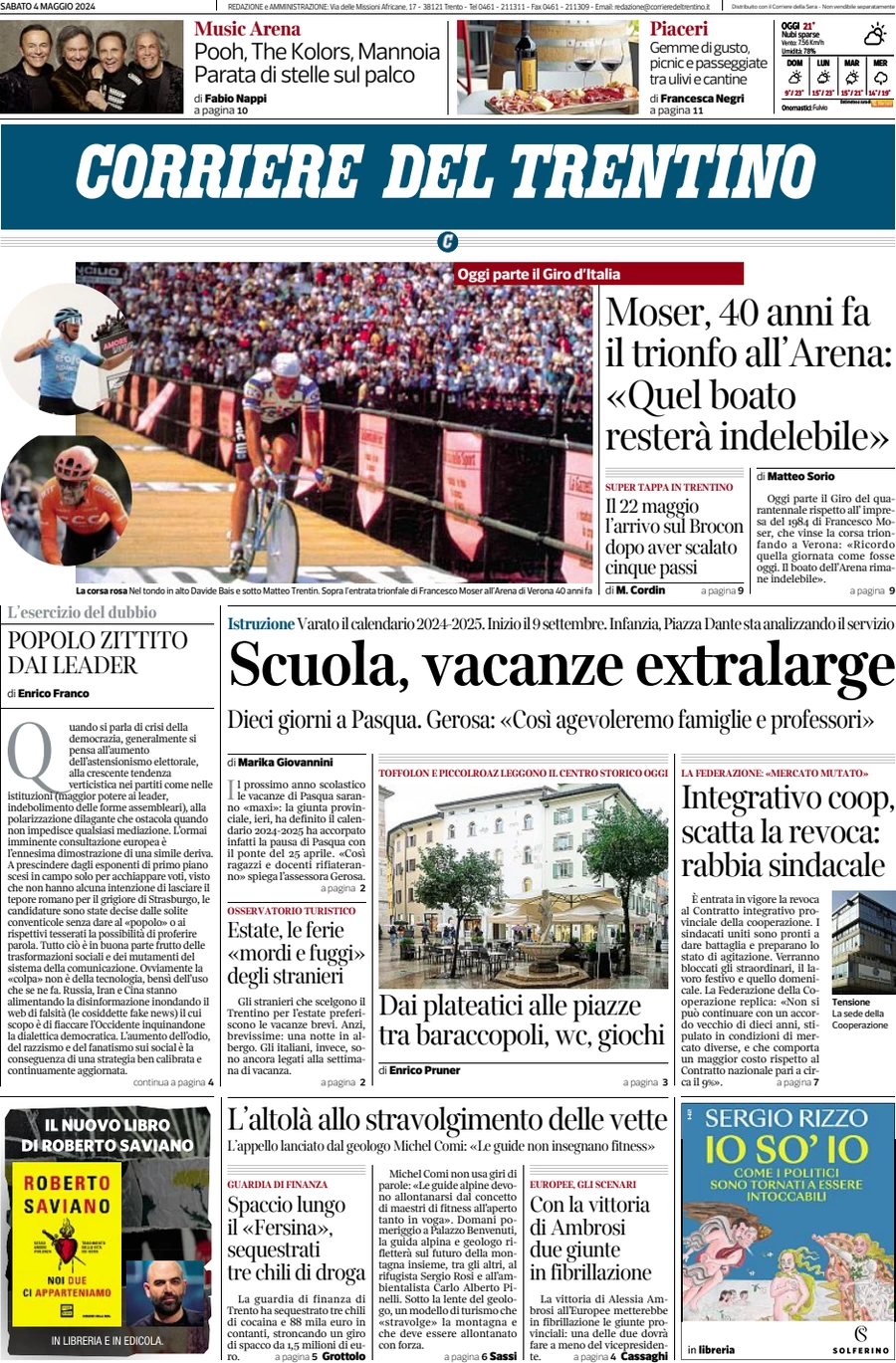 anteprima della prima pagina di corriere-del-trentino del 04/05/2024