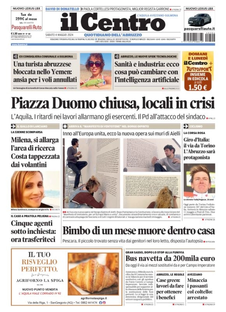 prima pagina - Il Centro (L'Aquila) del 04/05/2024