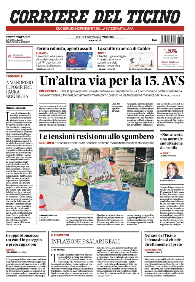 prima pagina - Corriere del Ticino del 04/05/2024