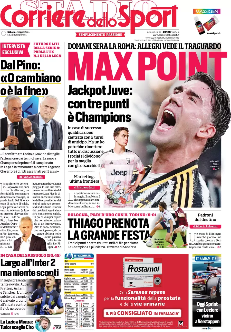 prima pagina - Corriere dello Sport del 04/05/2024