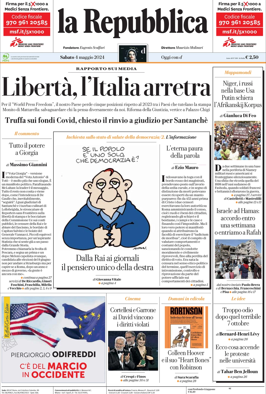 prima pagina - La Repubblica del 04/05/2024