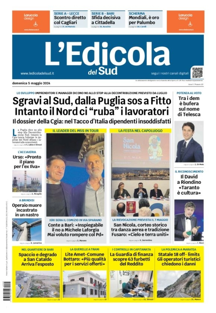 prima pagina - L'Edicola del Sud (Bari, Foggia, Basilicata) del 05/05/2024