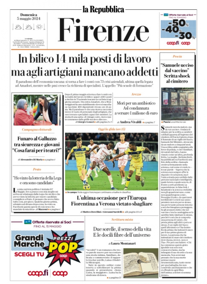 prima pagina - La Repubblica (Firenze) del 05/05/2024
