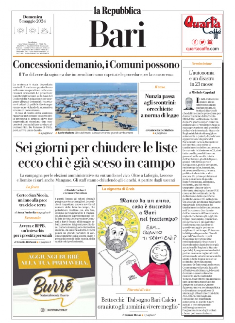 prima pagina - La Repubblica (Bari) del 05/05/2024
