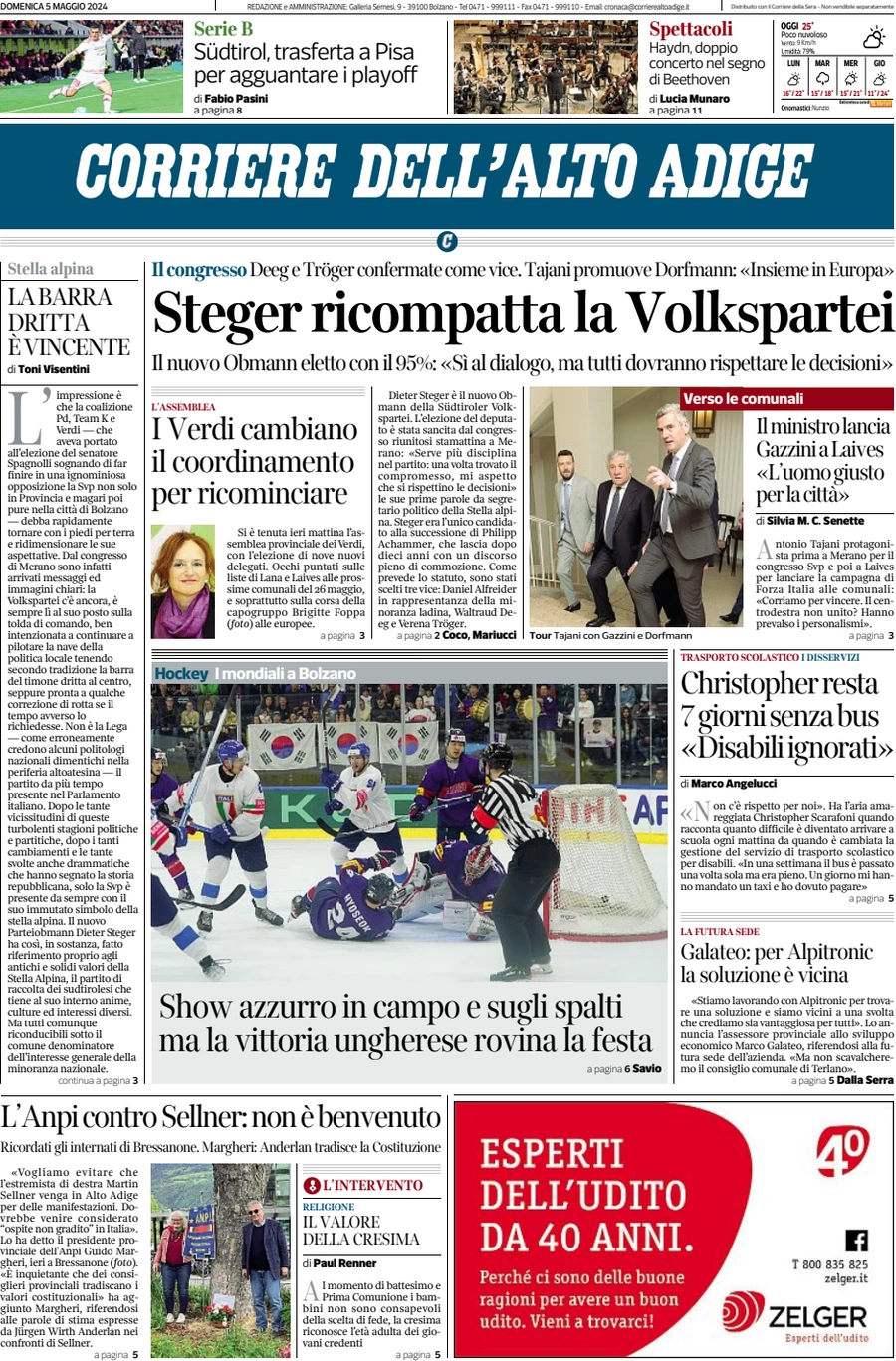prima pagina - Corriere dell'Alto Adige del 05/05/2024