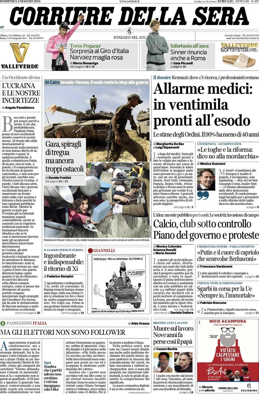 prima pagina - Corriere della Sera del 05/05/2024