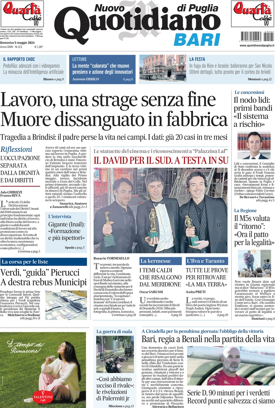 prima pagina - Nuovo Quotidiano di Puglia (Bari) del 05/05/2024