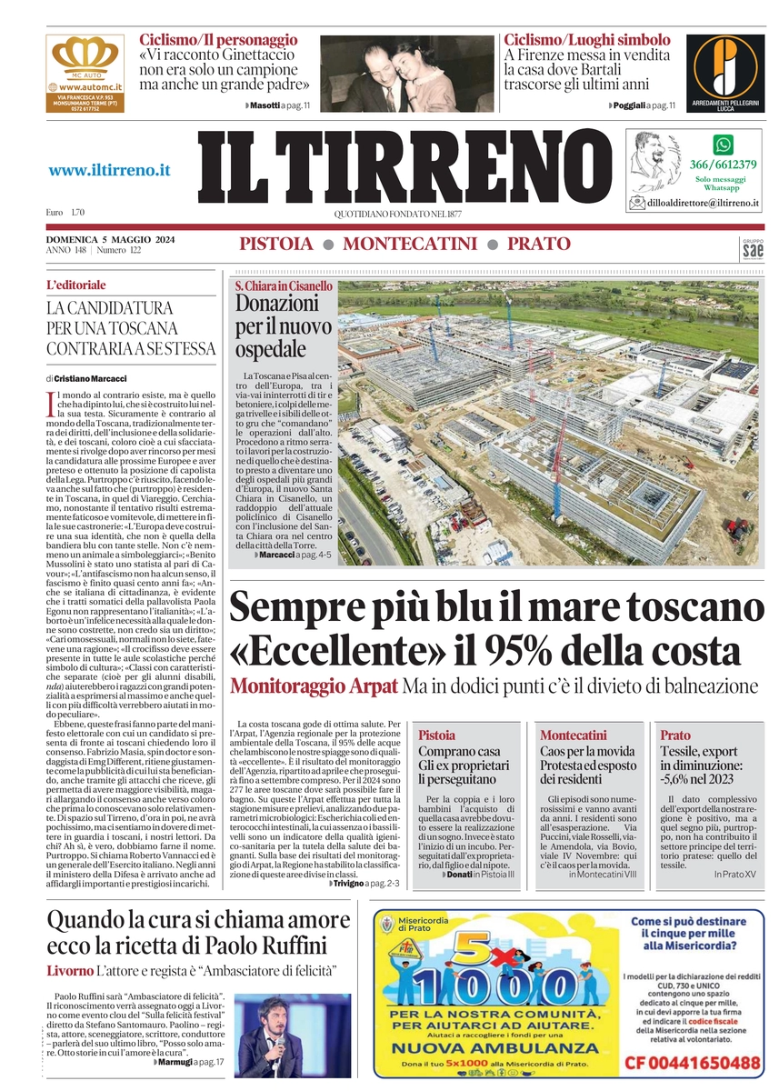 prima pagina - Il Tirreno (Pistoia, Montecatini, Prato) del 05/05/2024