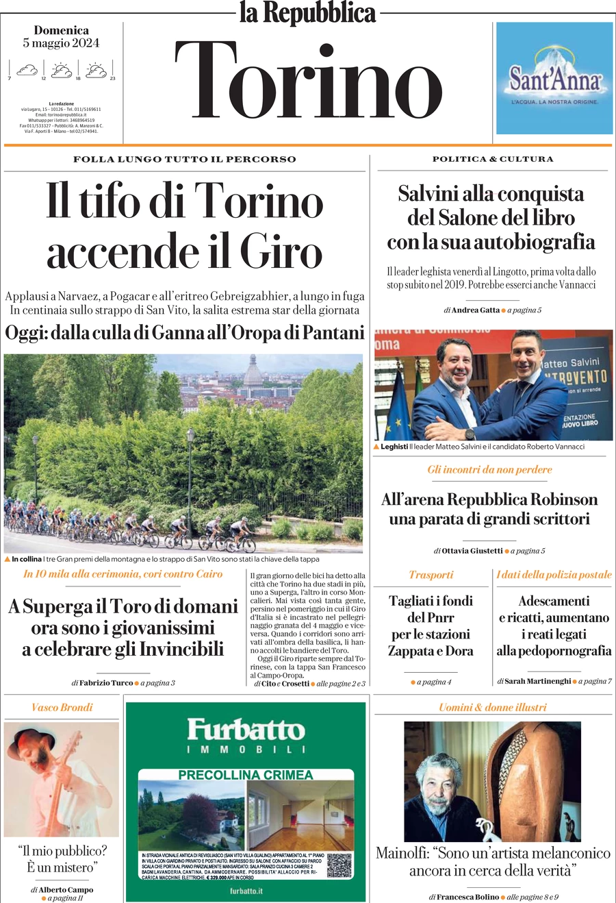 prima pagina - La Repubblica (Torino) del 05/05/2024