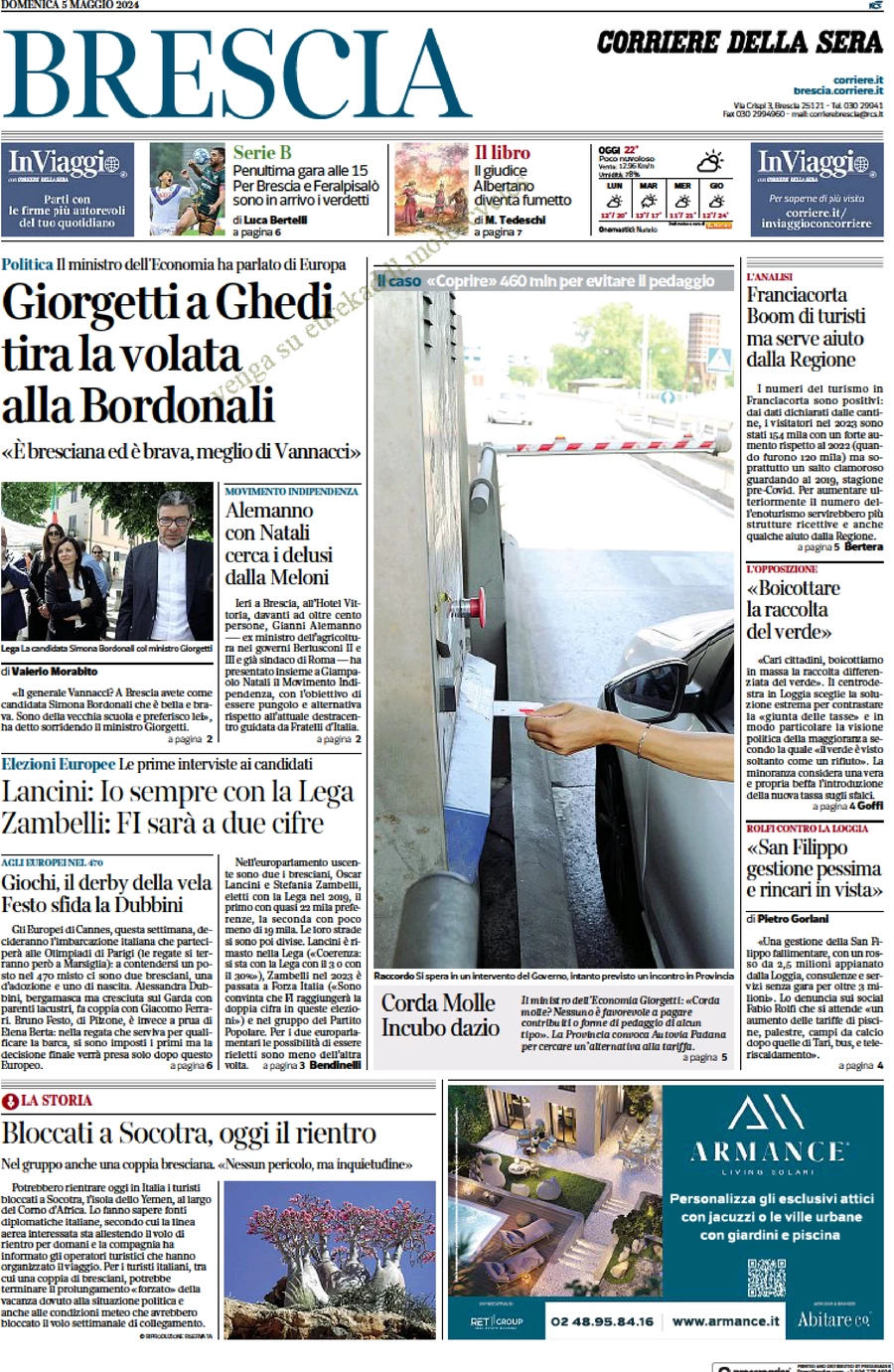 anteprima della prima pagina di Corriere della Sera (Brescia)