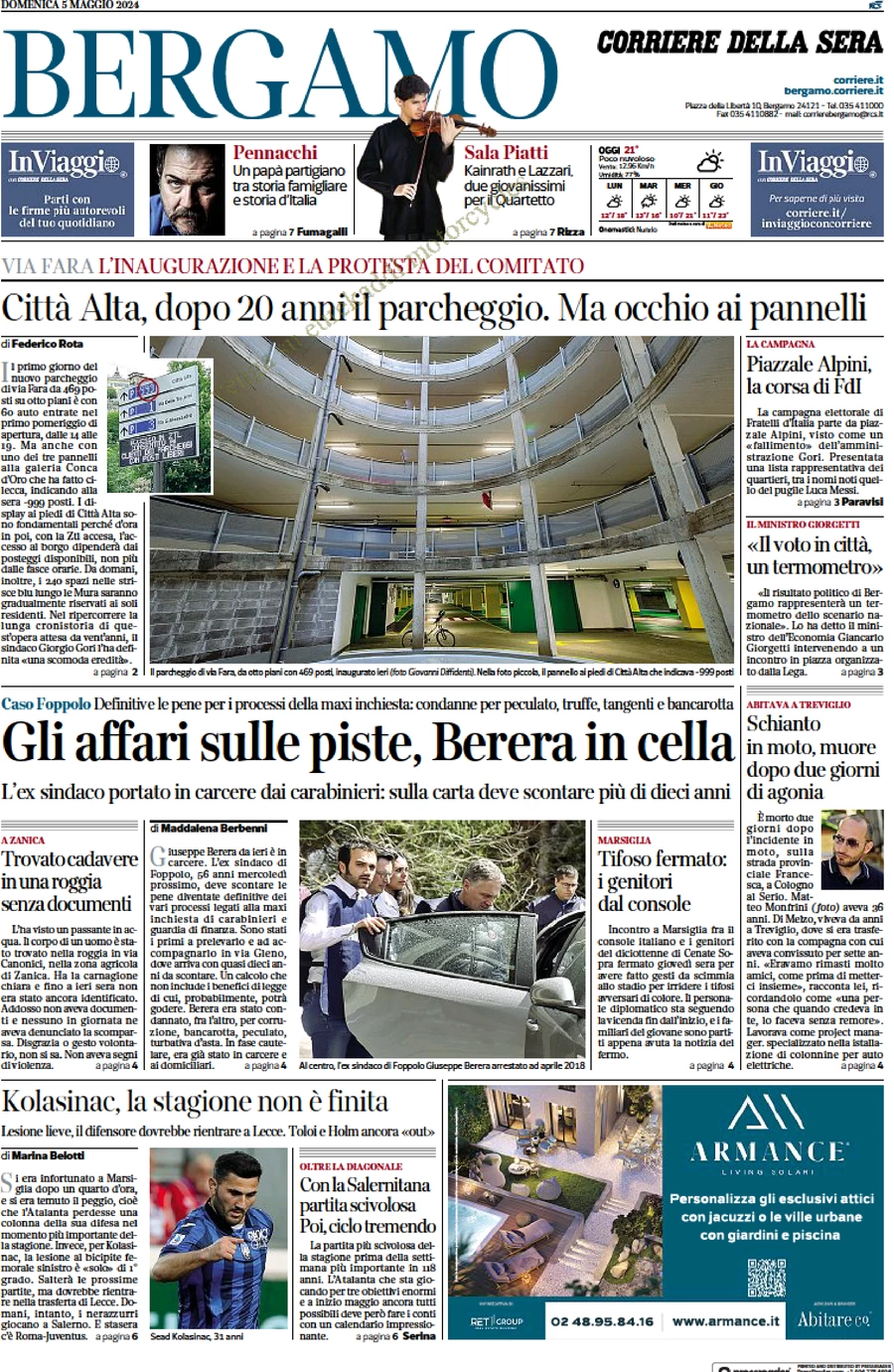 prima pagina - Corriere della Sera (Bergamo) del 05/05/2024