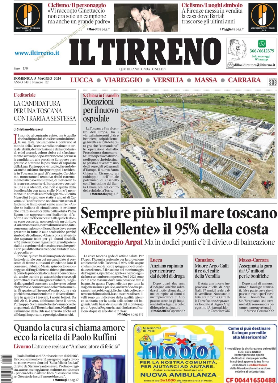prima pagina - Il Tirreno (Lucca, Viareggio) del 05/05/2024