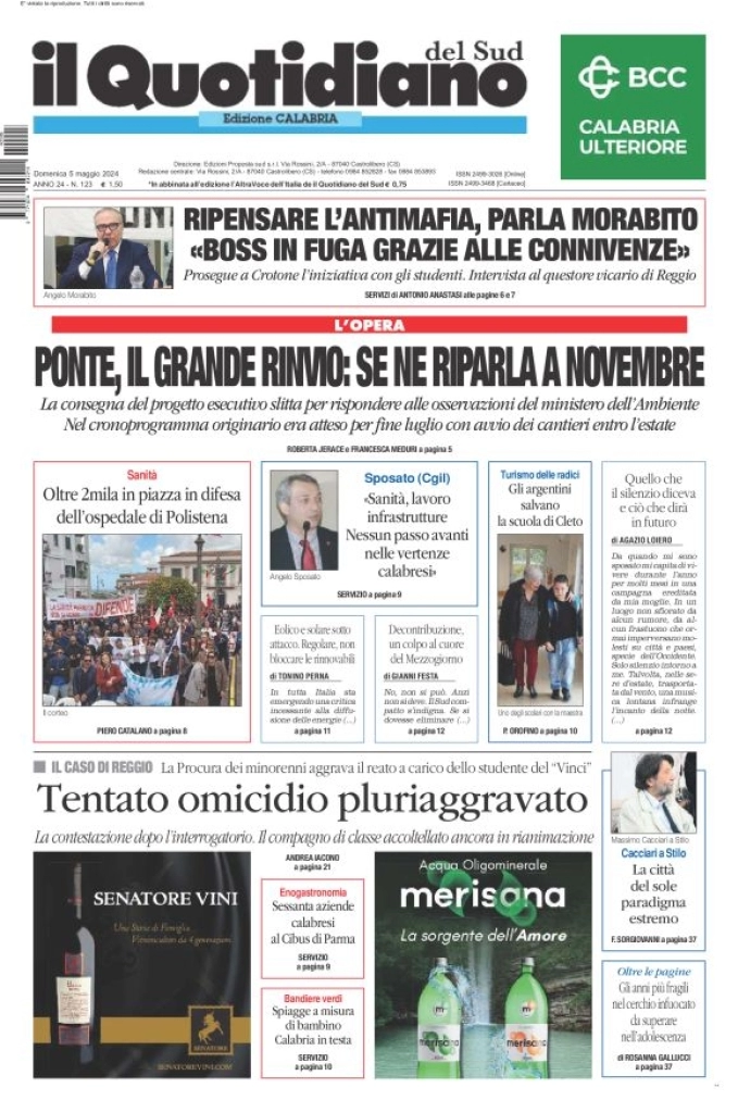 prima pagina - Il Quotidiano del Sud (Catanzaro) del 05/05/2024