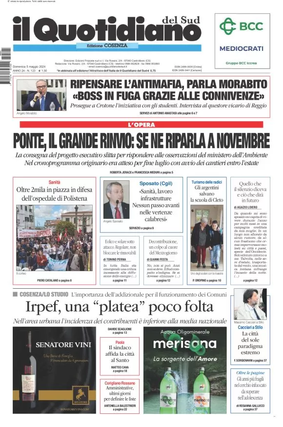 prima pagina - Il Quotidiano del Sud (Cosenza) del 05/05/2024