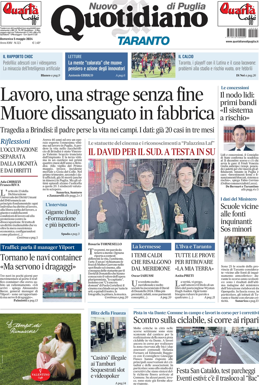 prima pagina - Nuovo Quotidiano di Puglia (Taranto) del 05/05/2024