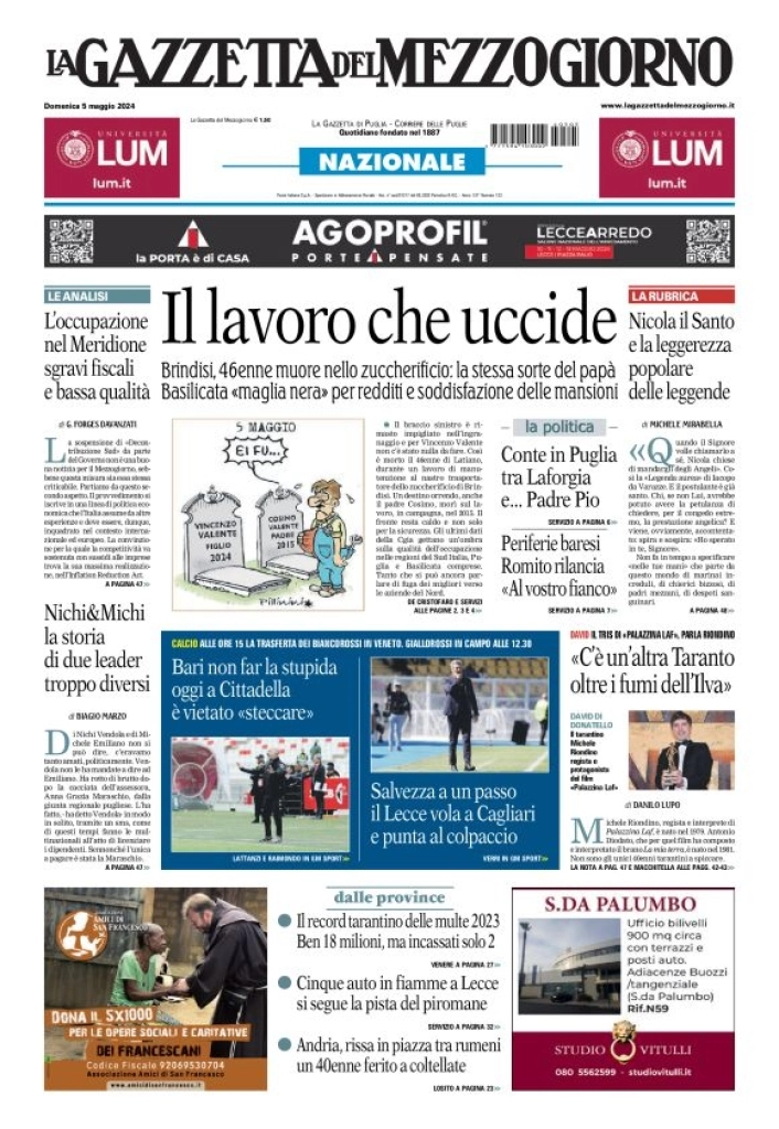 prima pagina - La Gazzetta del Mezzogiorno (Bari) del 05/05/2024