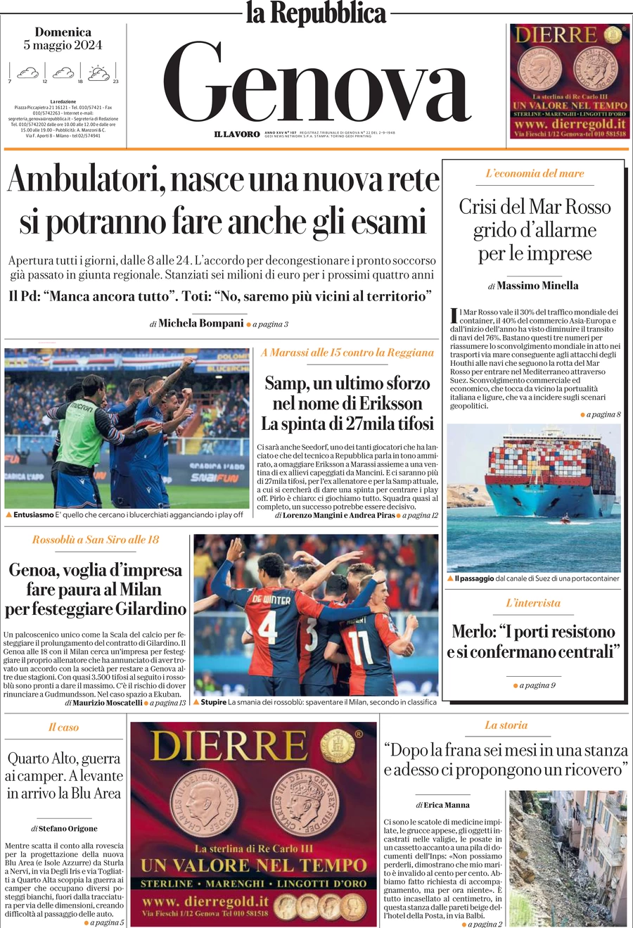 prima pagina - La Repubblica (Genova) del 05/05/2024
