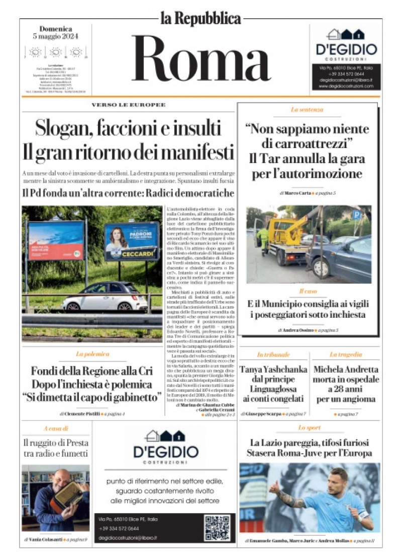 prima pagina - La Repubblica (Roma) del 05/05/2024