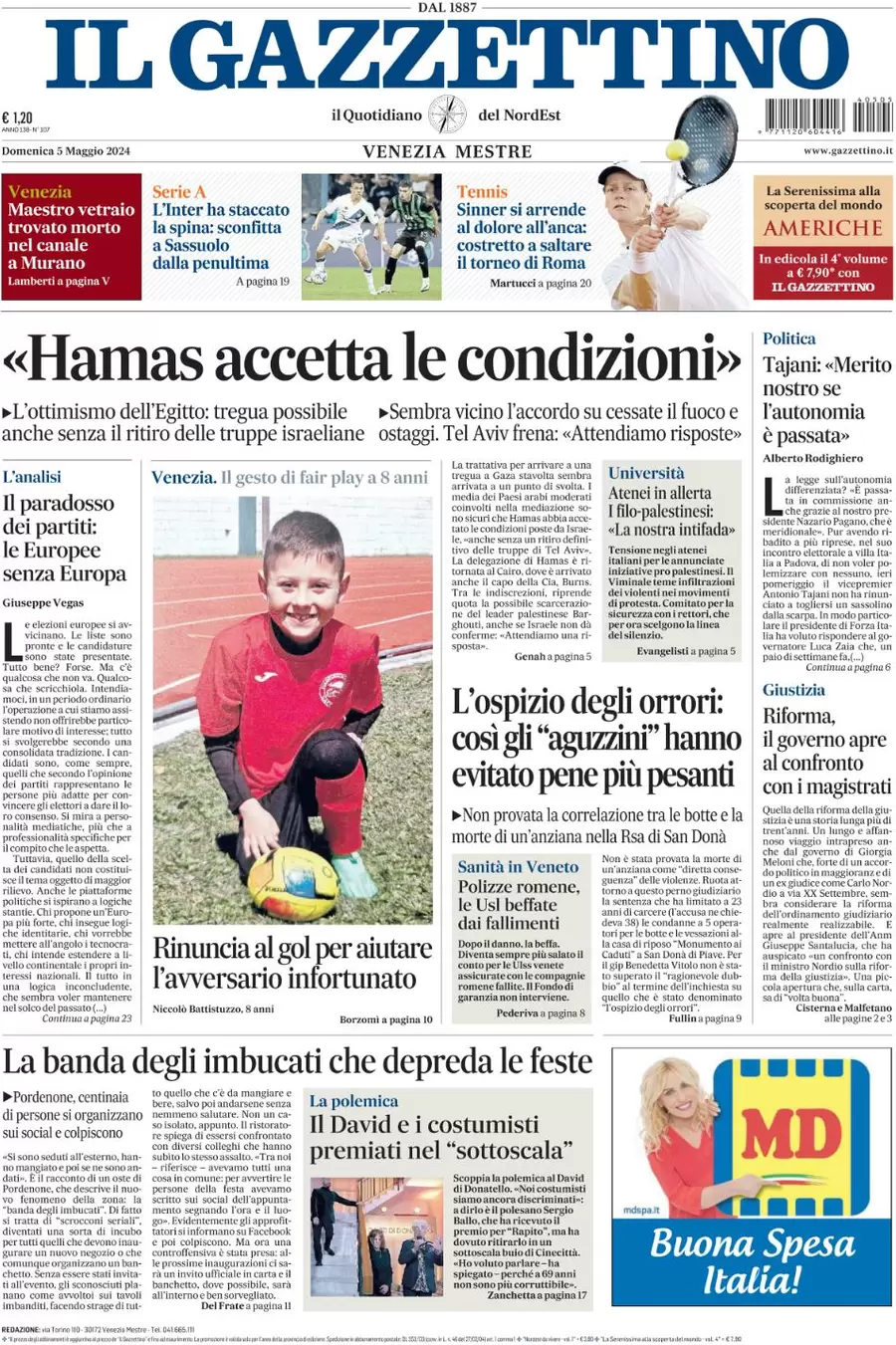 prima pagina - Il Gazzettino del 05/05/2024