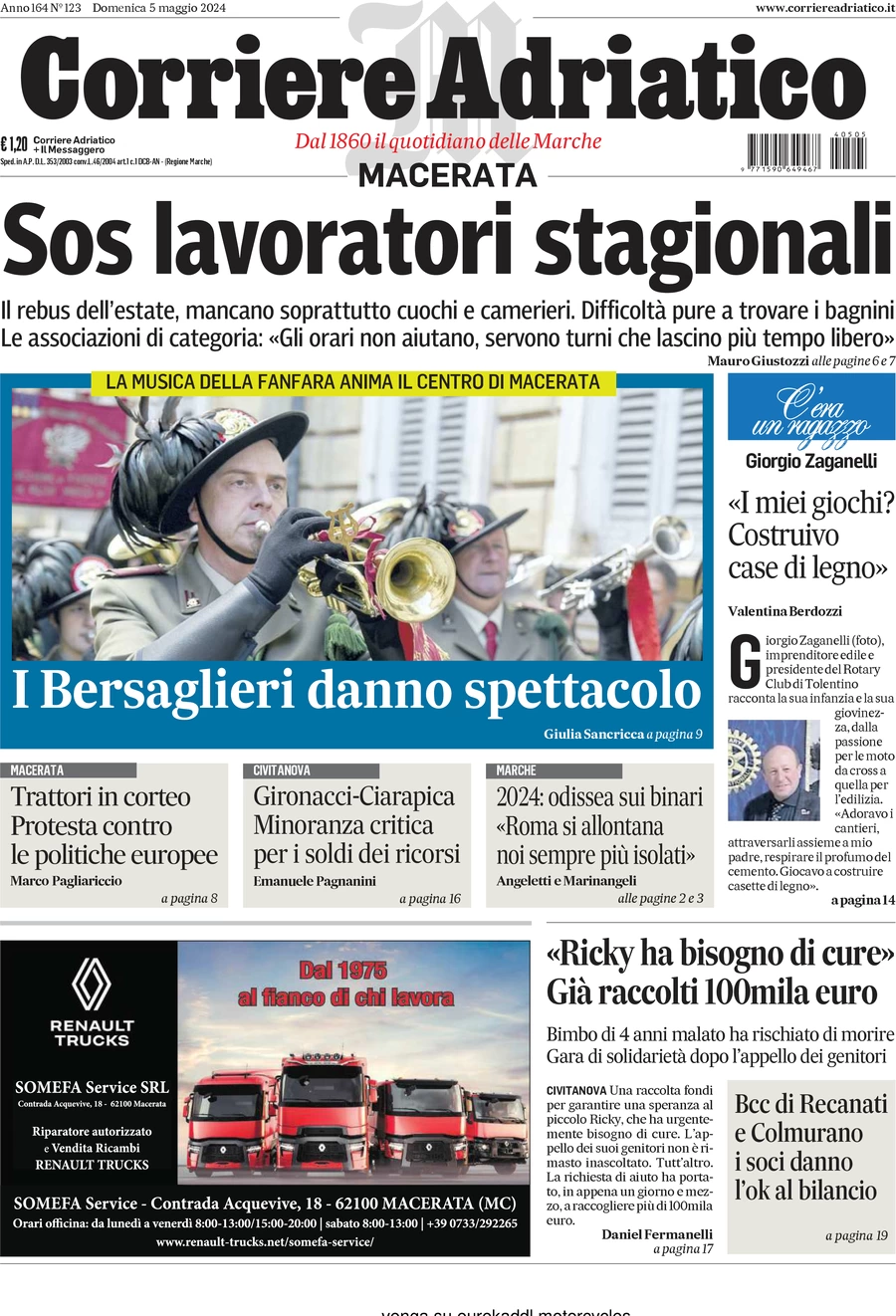 prima pagina - Corriere Adriatico (Macerata) del 05/05/2024