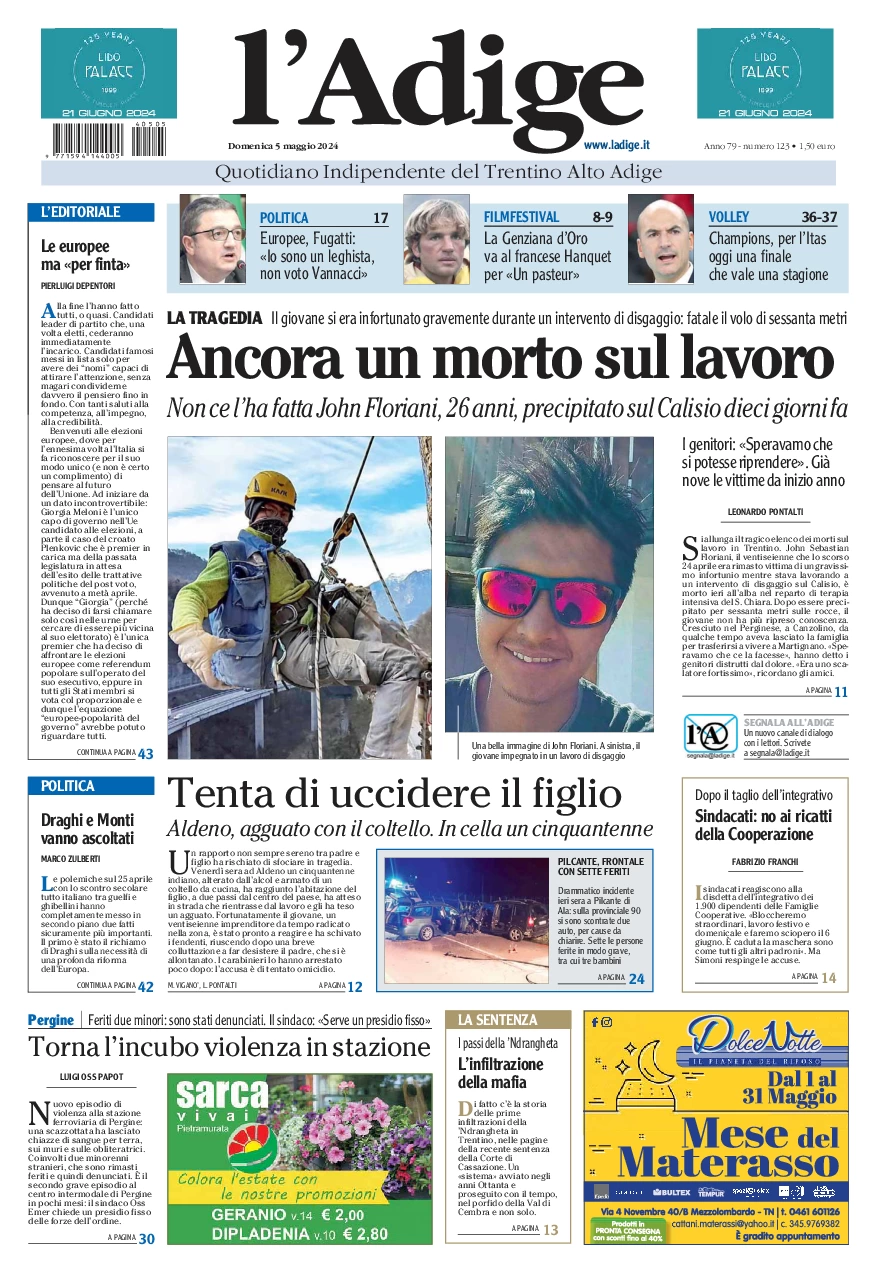 prima pagina - L'Adige del 05/05/2024
