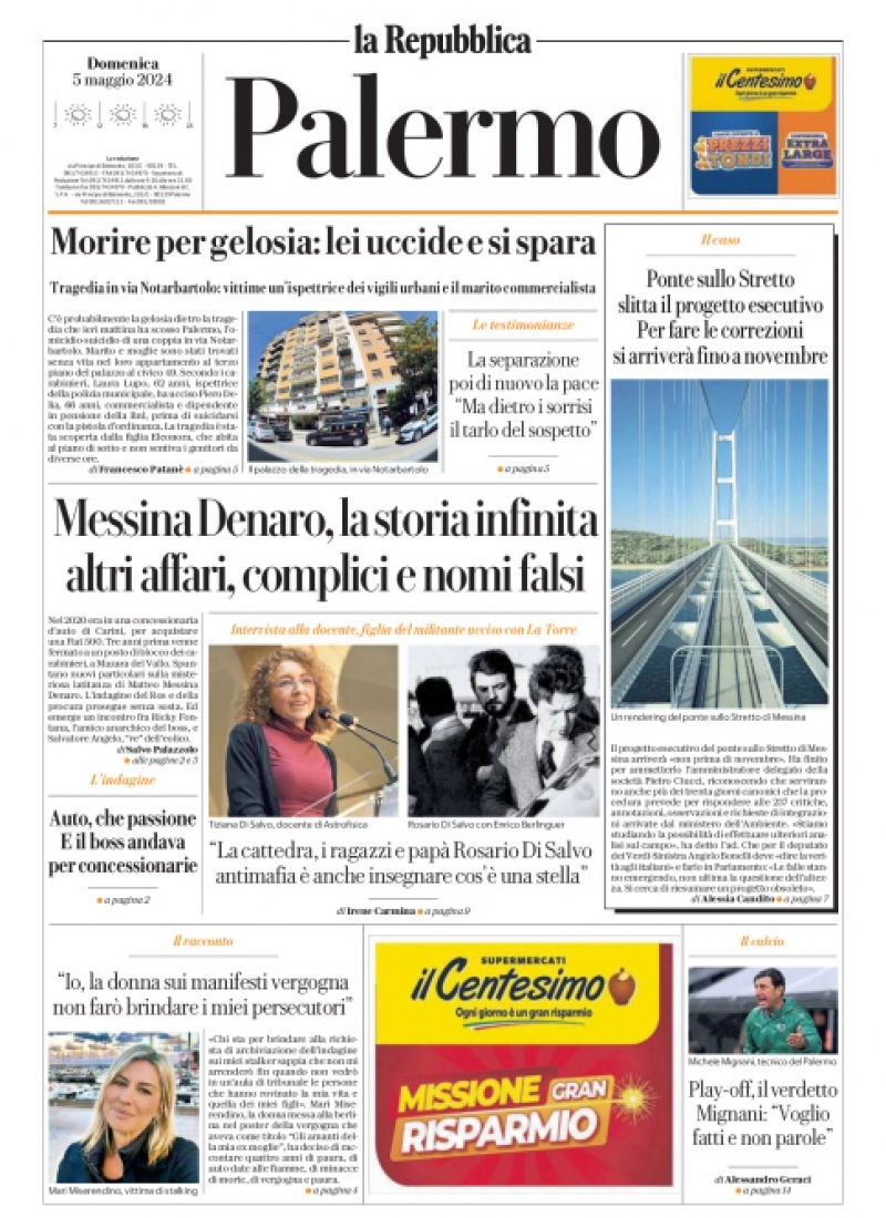 anteprima della prima pagina di La Repubblica (Palermo)