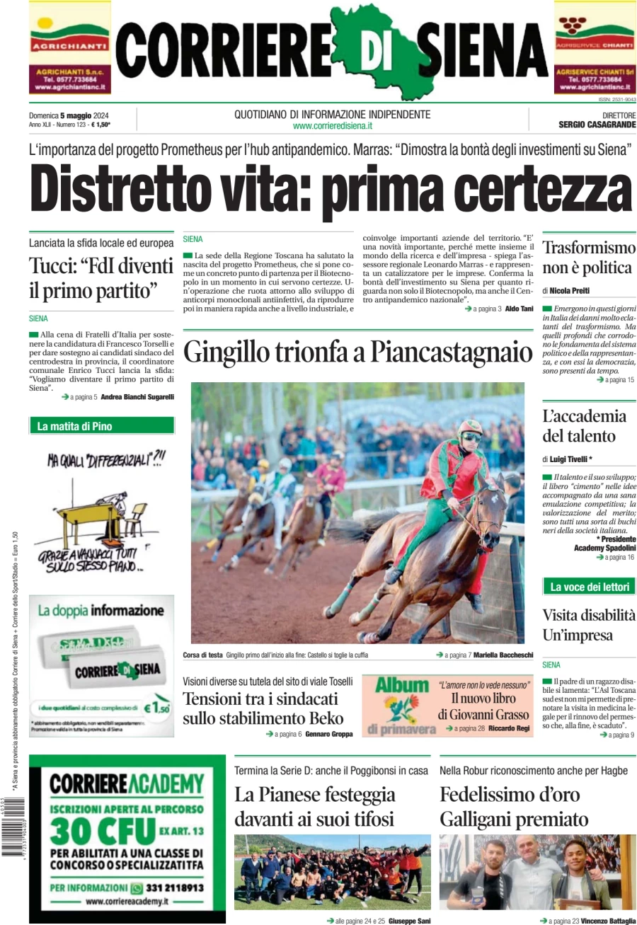 prima pagina - Corriere di Siena del 05/05/2024
