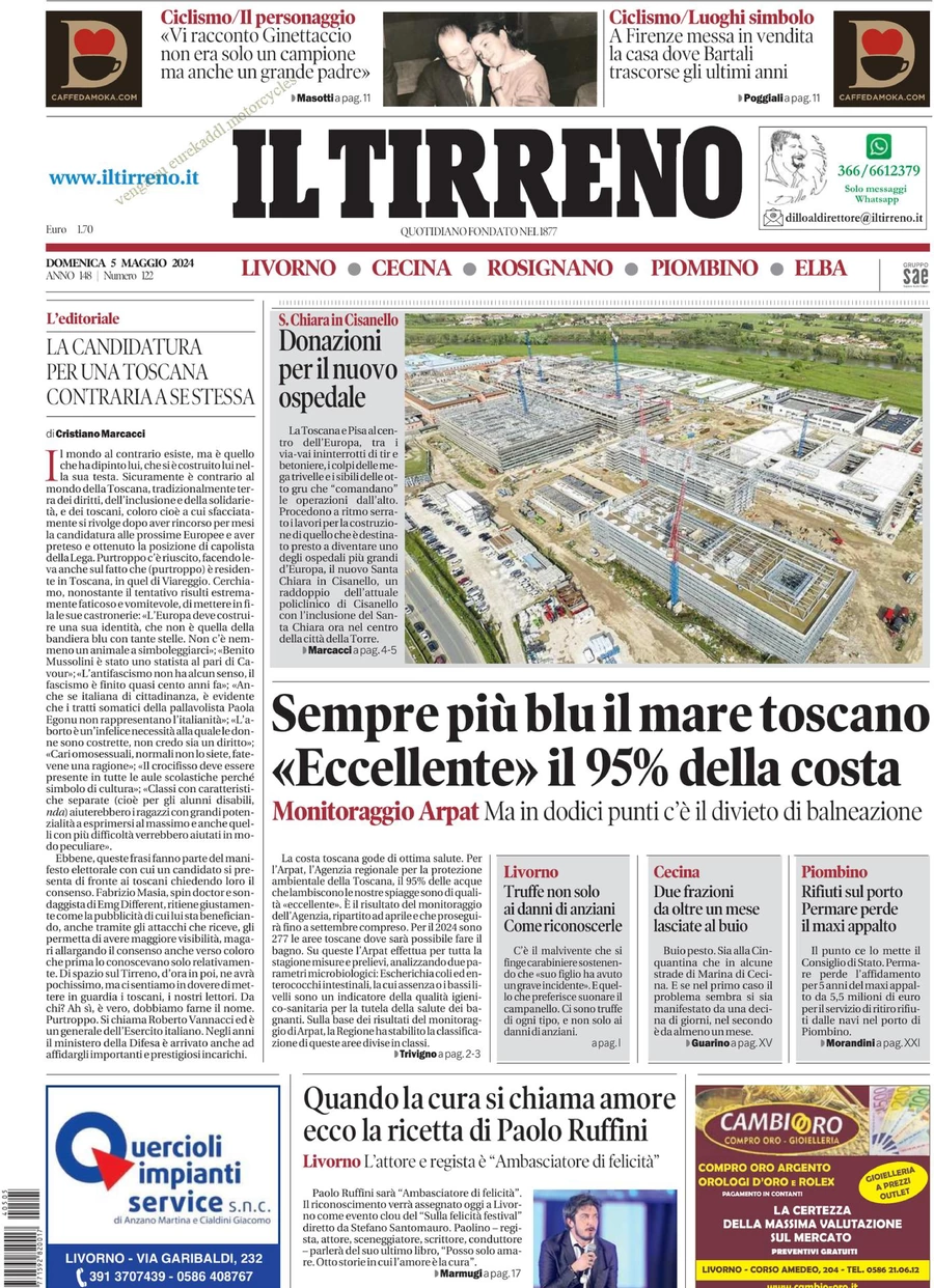 prima pagina - Il Tirreno (Livorno, Cecina) del 05/05/2024