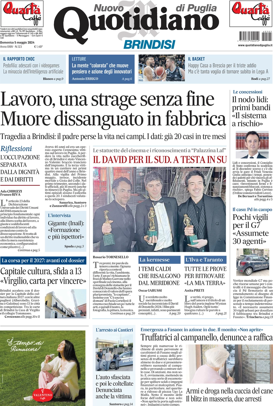 prima pagina - Nuovo Quotidiano di Puglia (Brindisi) del 05/05/2024