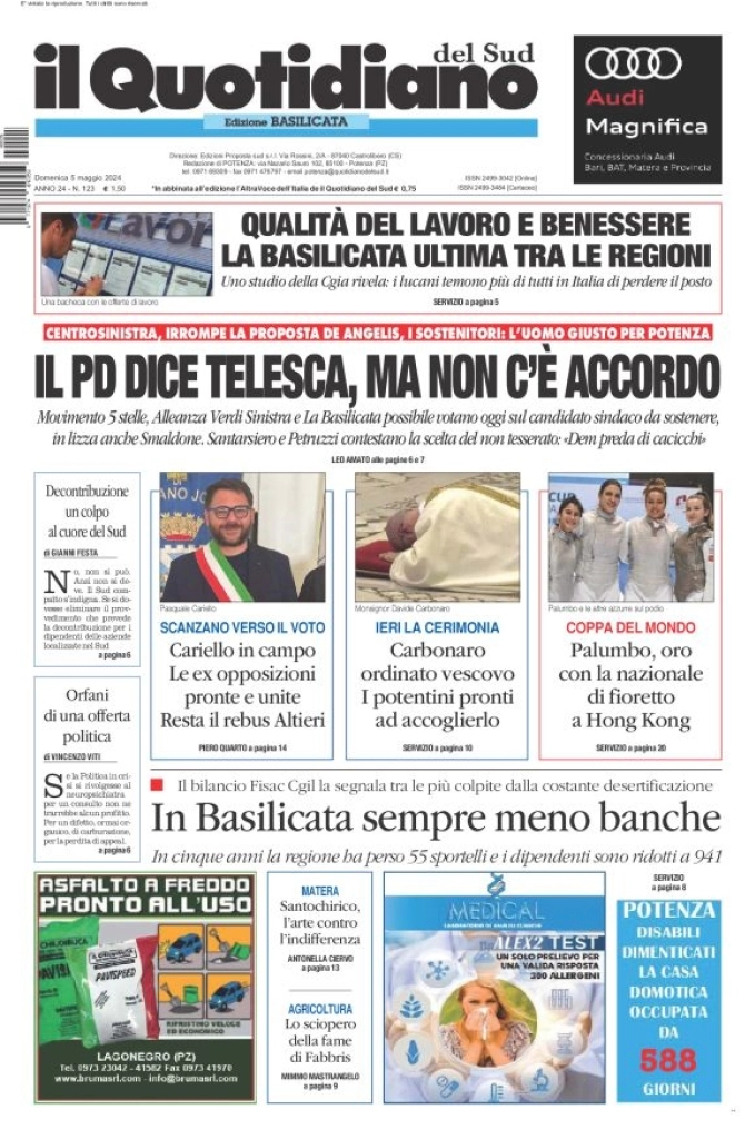 prima pagina - Il Quotidiano del Sud (Basilicata) del 05/05/2024