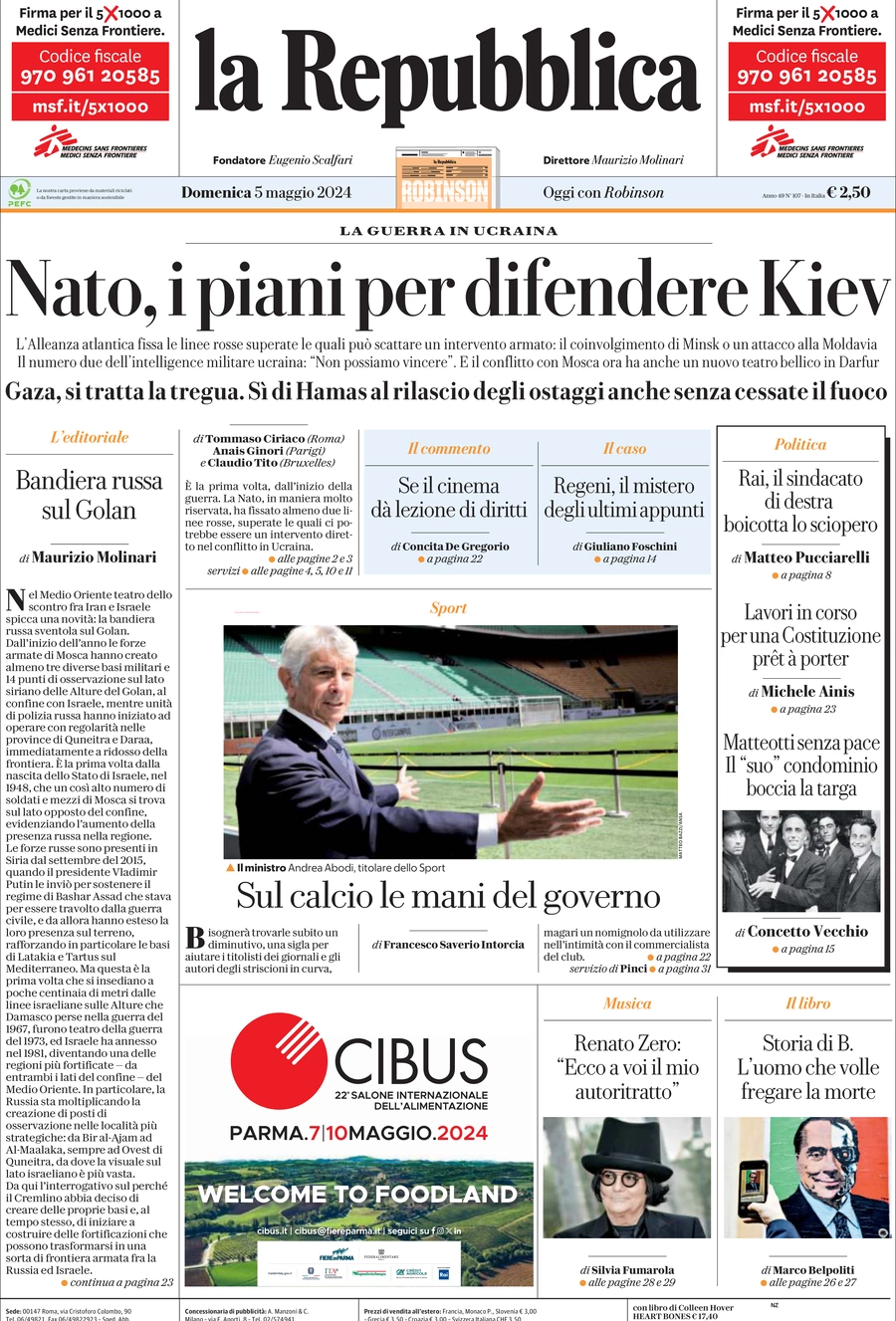 prima pagina - La Repubblica del 05/05/2024