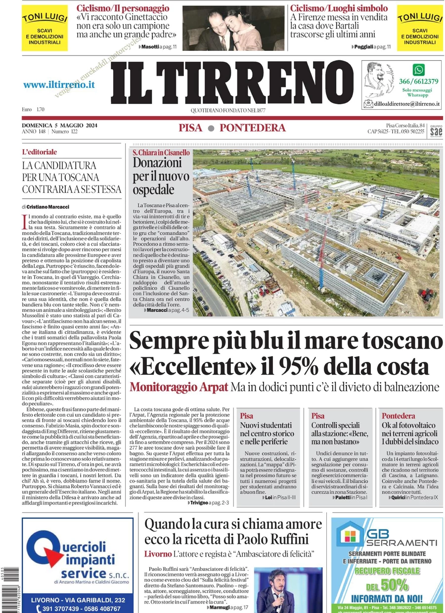 prima pagina - Il Tirreno (Pisa, Pontedera) del 05/05/2024
