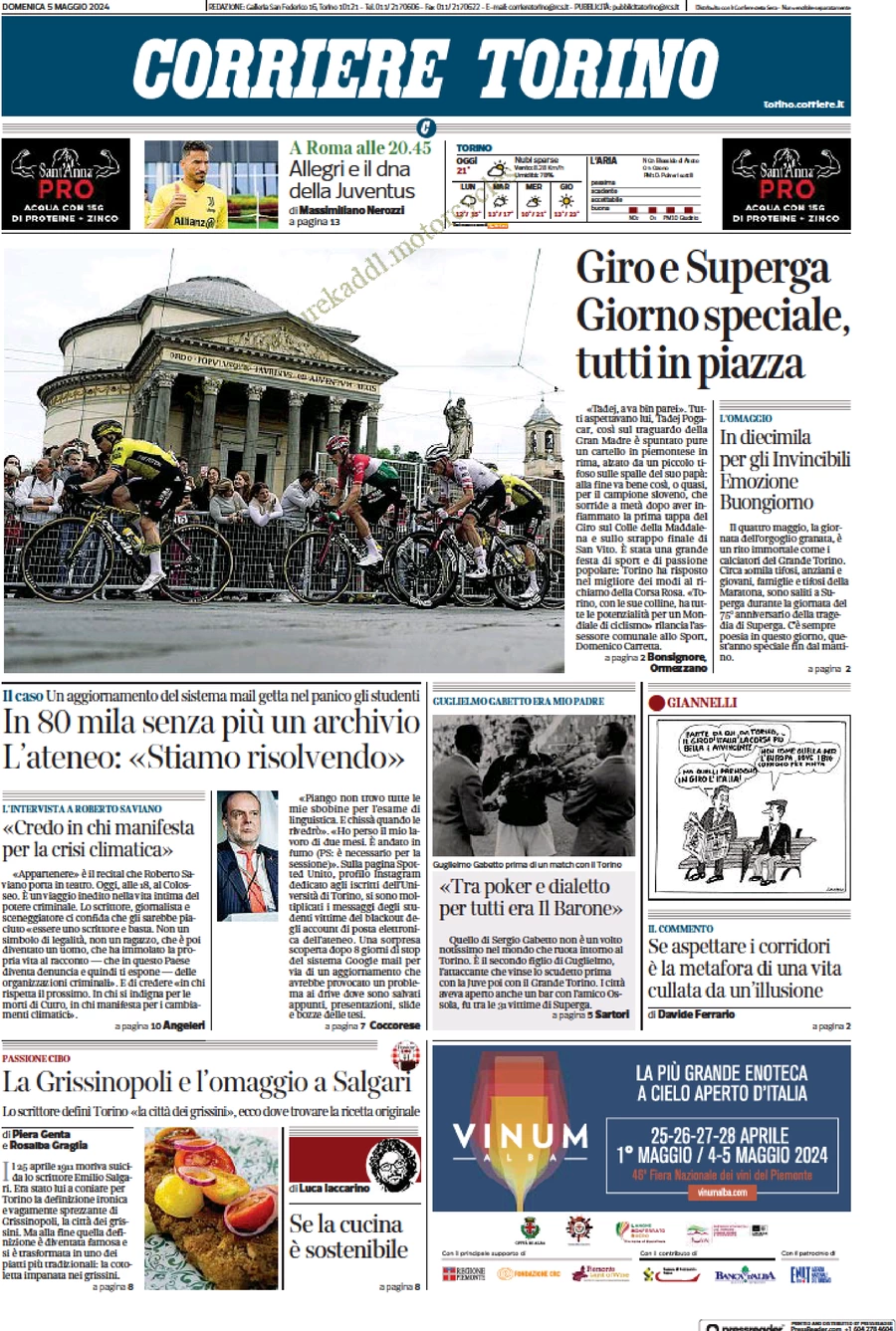 prima pagina - Corriere Torino del 05/05/2024