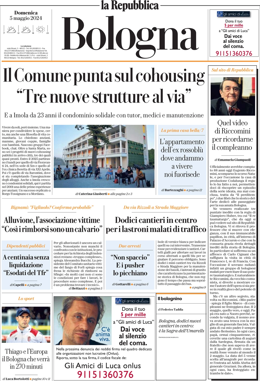 anteprima della prima pagina di La Repubblica (Bologna)