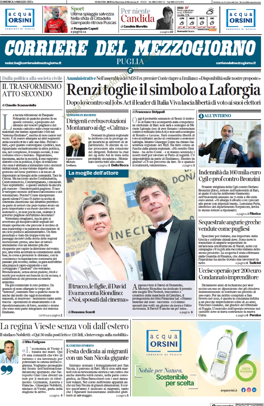 prima pagina - Corriere del Mezzogiorno (Puglia) del 05/05/2024