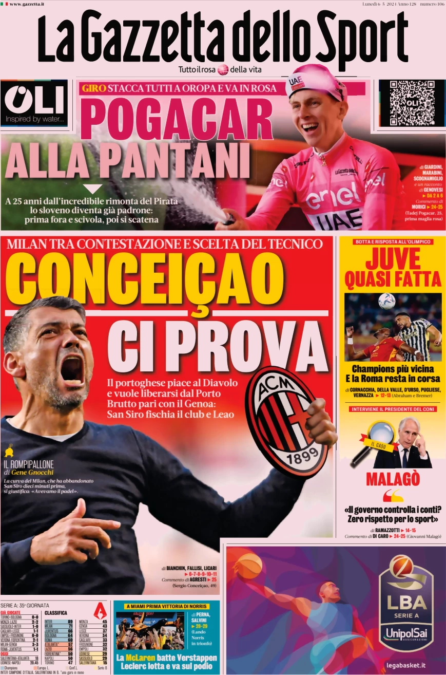 prima pagina - La Gazzetta dello Sport del 06/05/2024