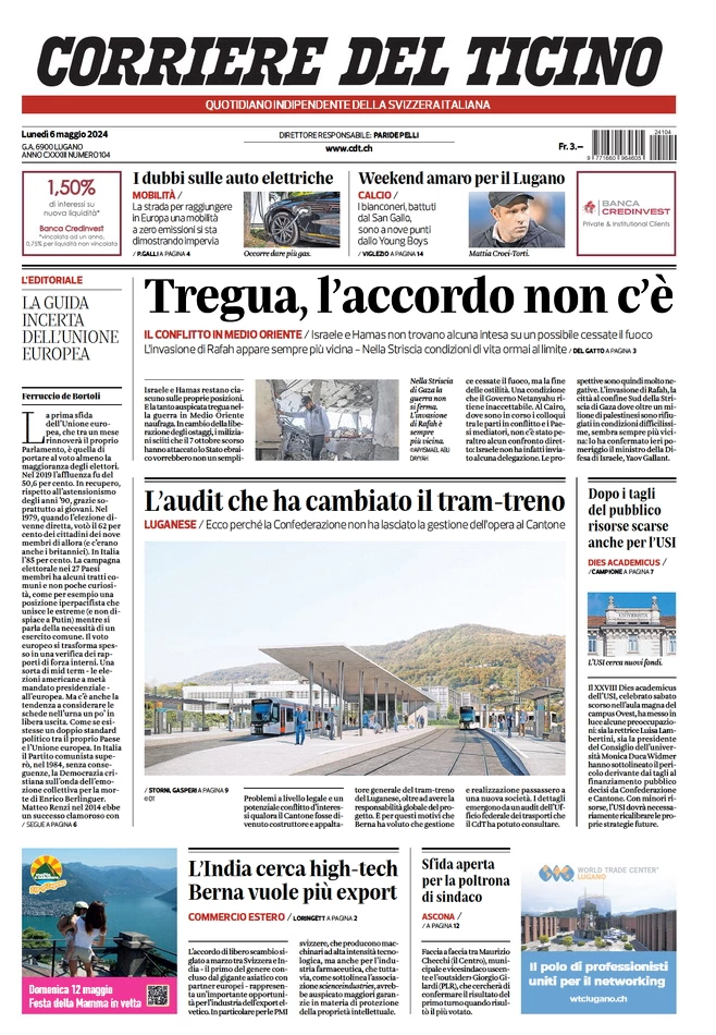 prima pagina - Corriere del Ticino del 06/05/2024
