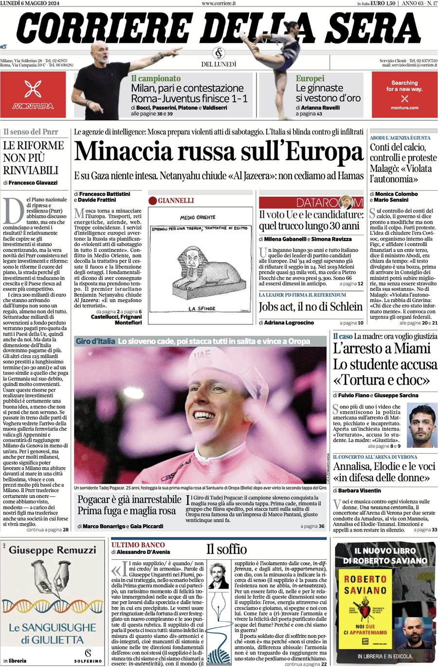 prima pagina - Corriere della Sera del 06/05/2024