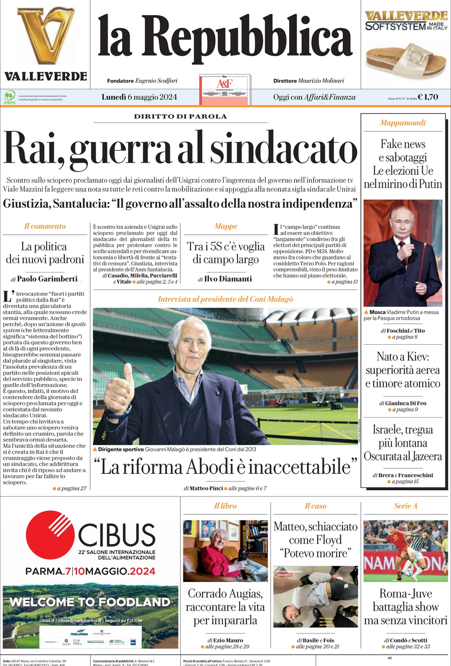 prima pagina - La Repubblica del 06/05/2024