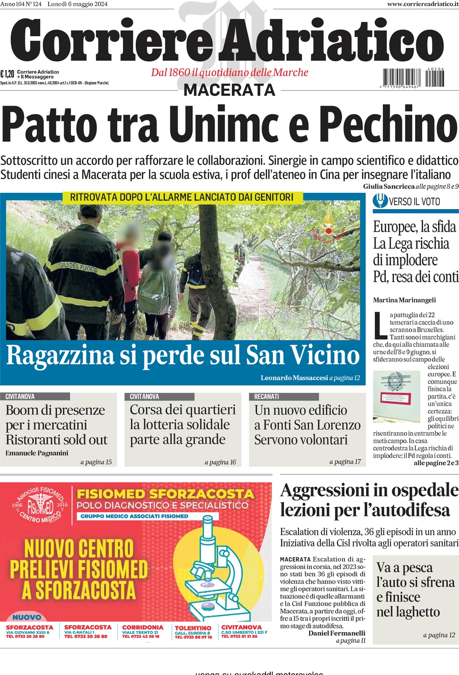 anteprima della prima pagina di corriere-adriatico-macerata del 06/05/2024
