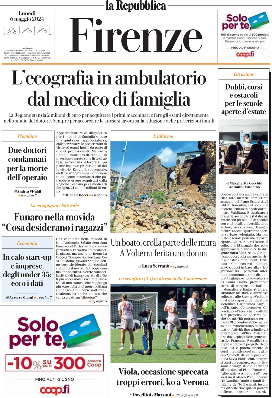 anteprima della prima pagina di La Repubblica (Firenze)